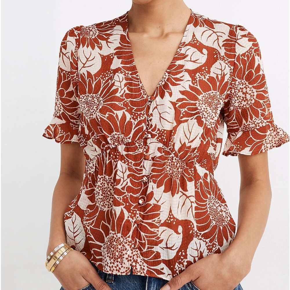 Madewell Silk Journal Keyhole-Sleeve Top in Sunflower Season Size 6